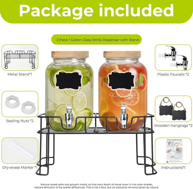 DHSBTLS 1 Gallon Glass Drink Dispensers, 2 Pack Clear Beverage Dispenser with Wood Lid for Party, BBQ and Picnic, Juice Dispenser with Black Stand, Spigot, Markers and Chalkboard - Image 2